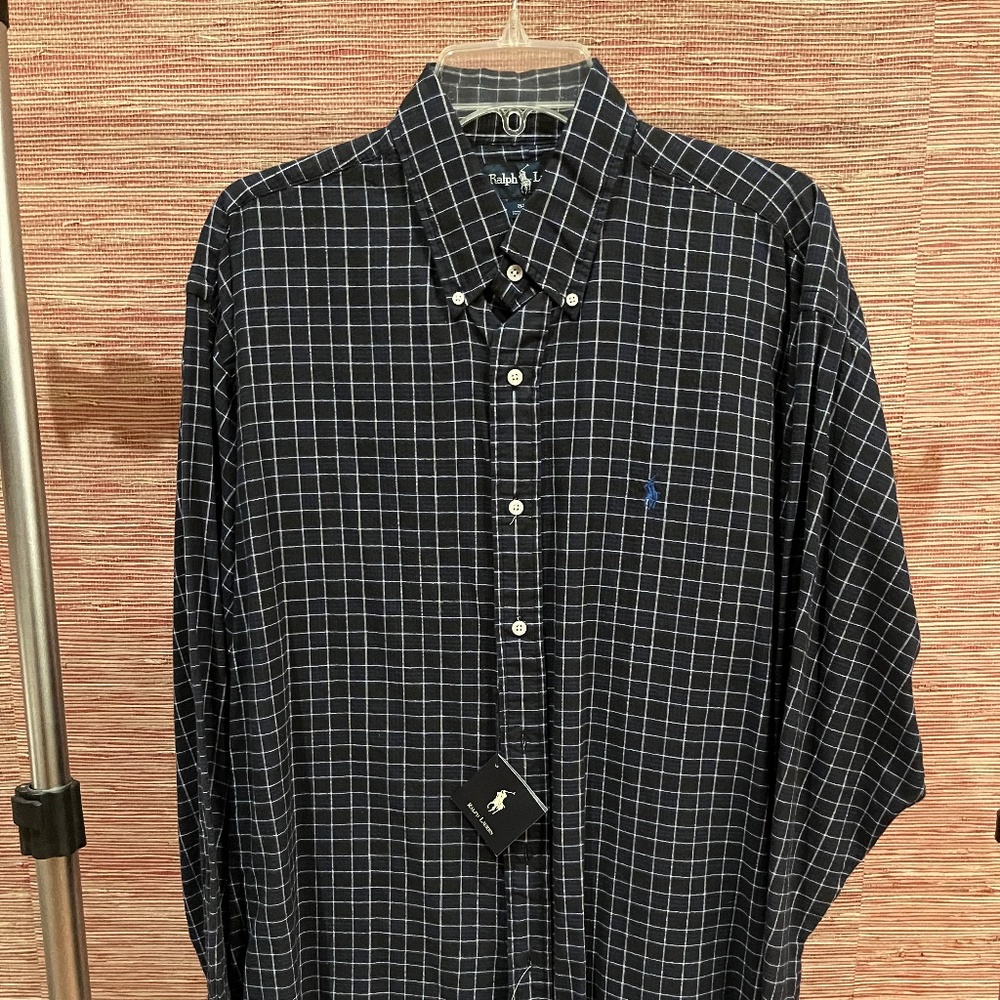Ralph Lauren "Blaire" 100% Cotton Dark Blue & White Plaid Oxford - Large